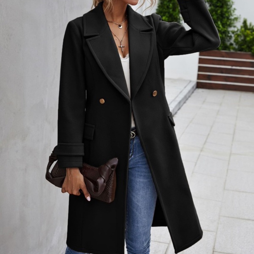 Cozy Black Button up Trench Pea Coat Minimalist - Picture 1 of 14